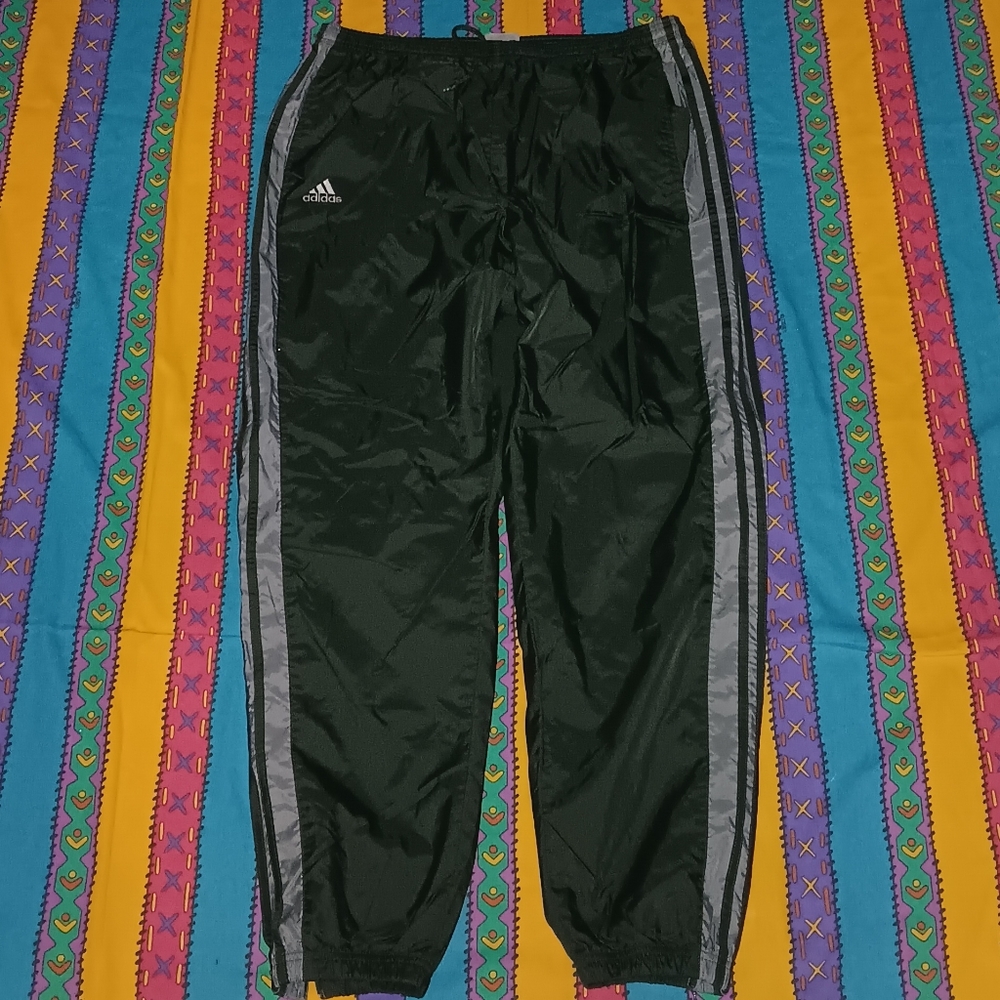 90s Adidas Team Nylon Cotton Lined Pants Vintage Green Gray 3 Stripes